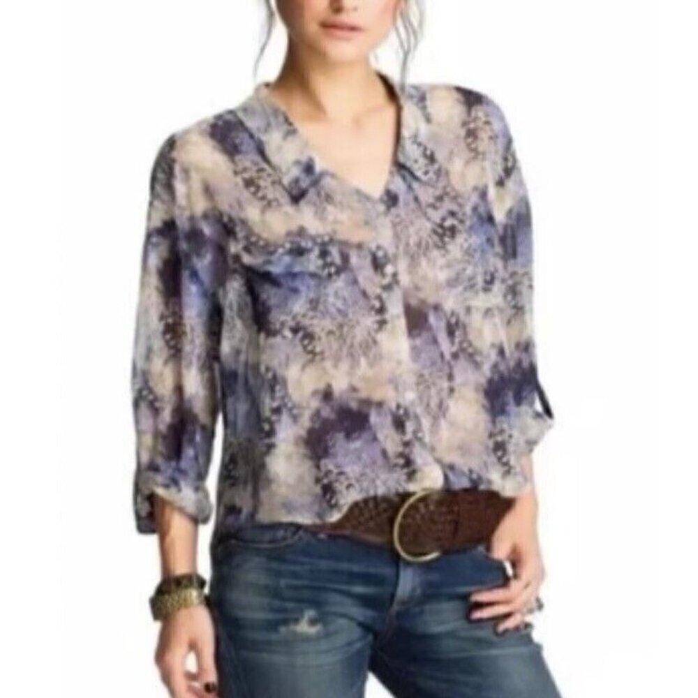 Free People Top Womens Small Blue Easy Rider Boho Sheer Long Roll Tab Sleeve